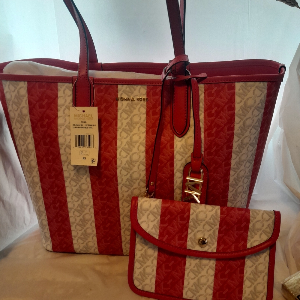 NEW MICHAEL KORS Reversible Tote With Matching Pouch/Pink Multi🌸